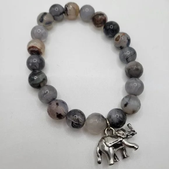 Agate Stretch Bracelet Set with Lucky Elephant Charm: - Picture 3 of 10